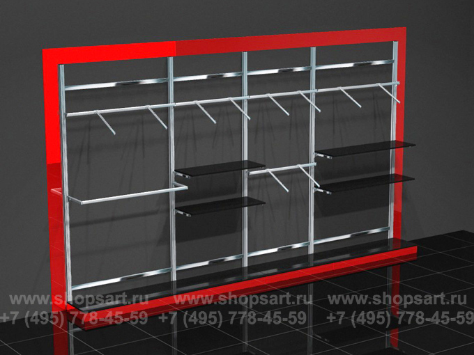 Стеллаж пристенный в раме, с подиумом и навеской для одежды.