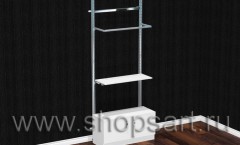 Стеллаж пристенный с полкой из ЛДСП или МДФ, П-образным кронштейном для одежды и накопителем.