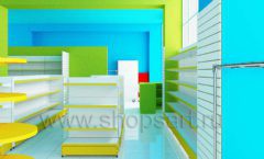 Дизайн интерьера детского магазина торговое оборудование ЦВЕТНЫЕ МЕТАЛЛИЧЕСКИЕ СТЕЛЛАЖИ Дизайн 09