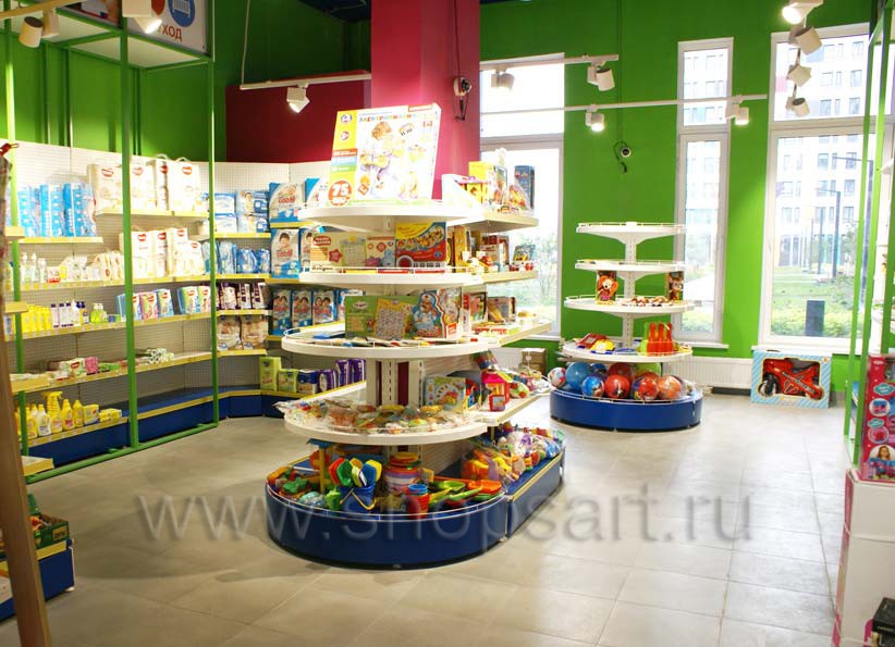 Торговое оборудование детского магазина в Green park коллекция ЦВЕТНЫЕ МЕТАЛЛИЧЕСКИЕ СТЕЛЛАЖИ Фото