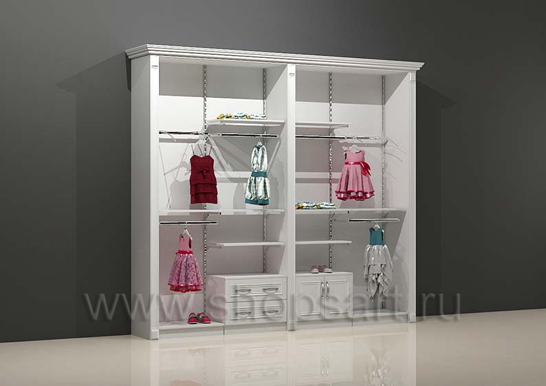 Шкаф для детского магазина торговый двухсекционный с кронштейнами полками и накопителями торговое оборудование БЕЛАЯ КЛАССИКА