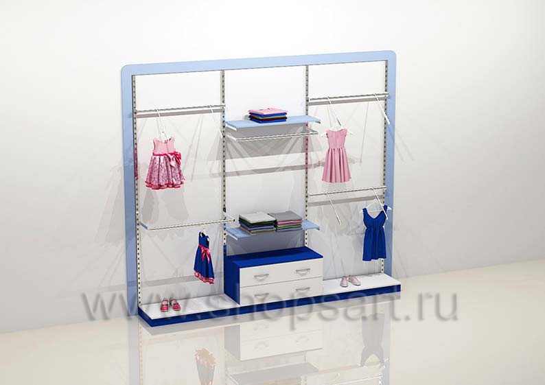 Блок стеллажей для детского магазина с кронштейнами полками накопителем и подиумами торговое оборудование ГОЛУБАЯ ЛАГУНА