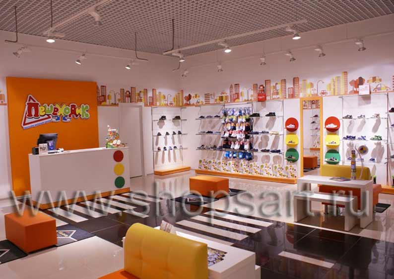 Торговое оборудование детского магазина Пешеходик ТЦ Рига Молл МО коллекция КАРАМЕЛЬ Фото